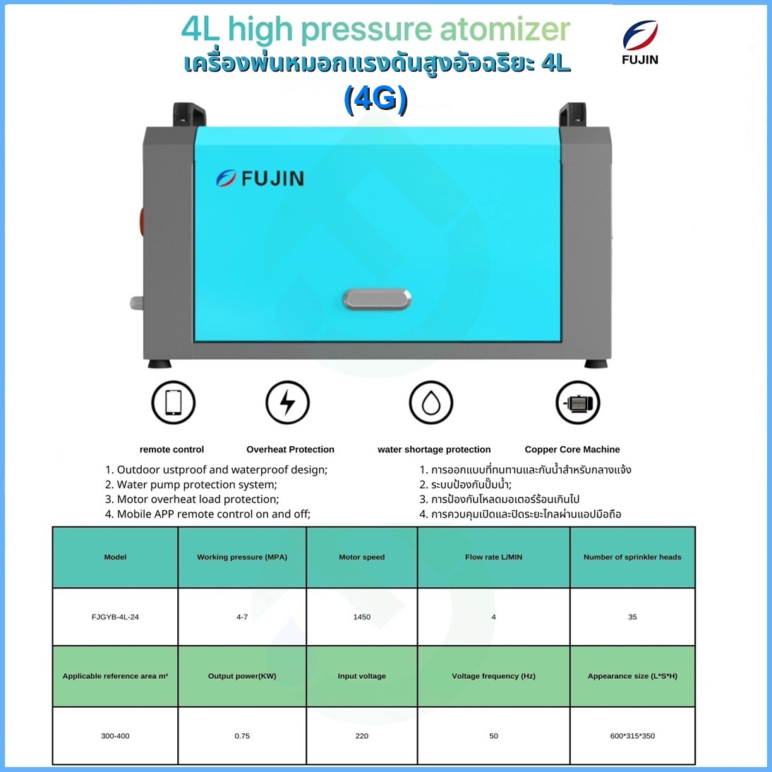 เครื่องพ่นหมอกแรงดันสูงอัจฉริยะ 4 ลิตร รุ่น FJGYB-4L-24 (4G) ชุดตู้พ่นหมอก