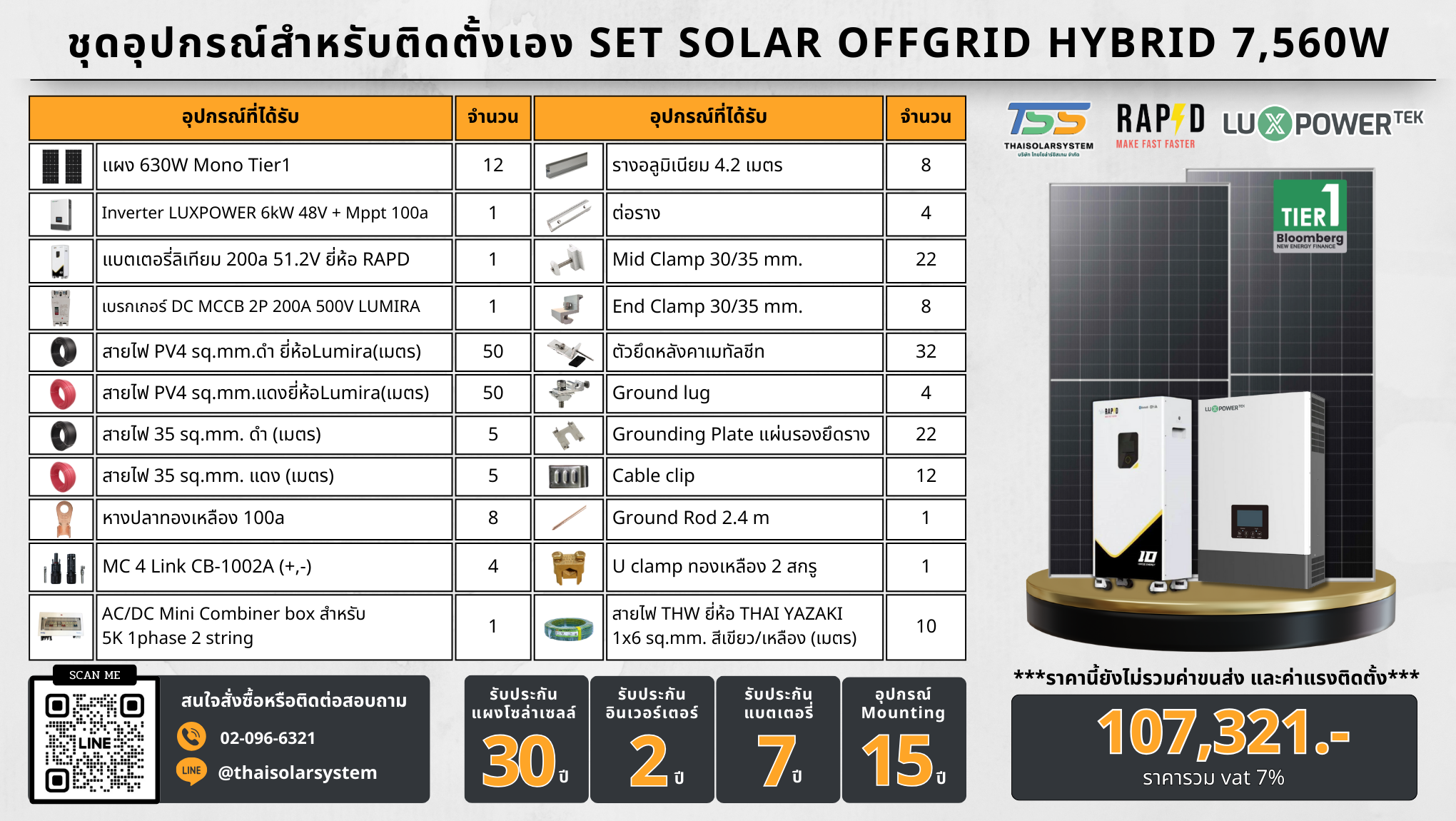 SET Hybrid Off LUXPOWER 6k แผง 7,560w + แบตลิเทียม 200a 51.2v (สำหรับไปติดตั้งเอง)