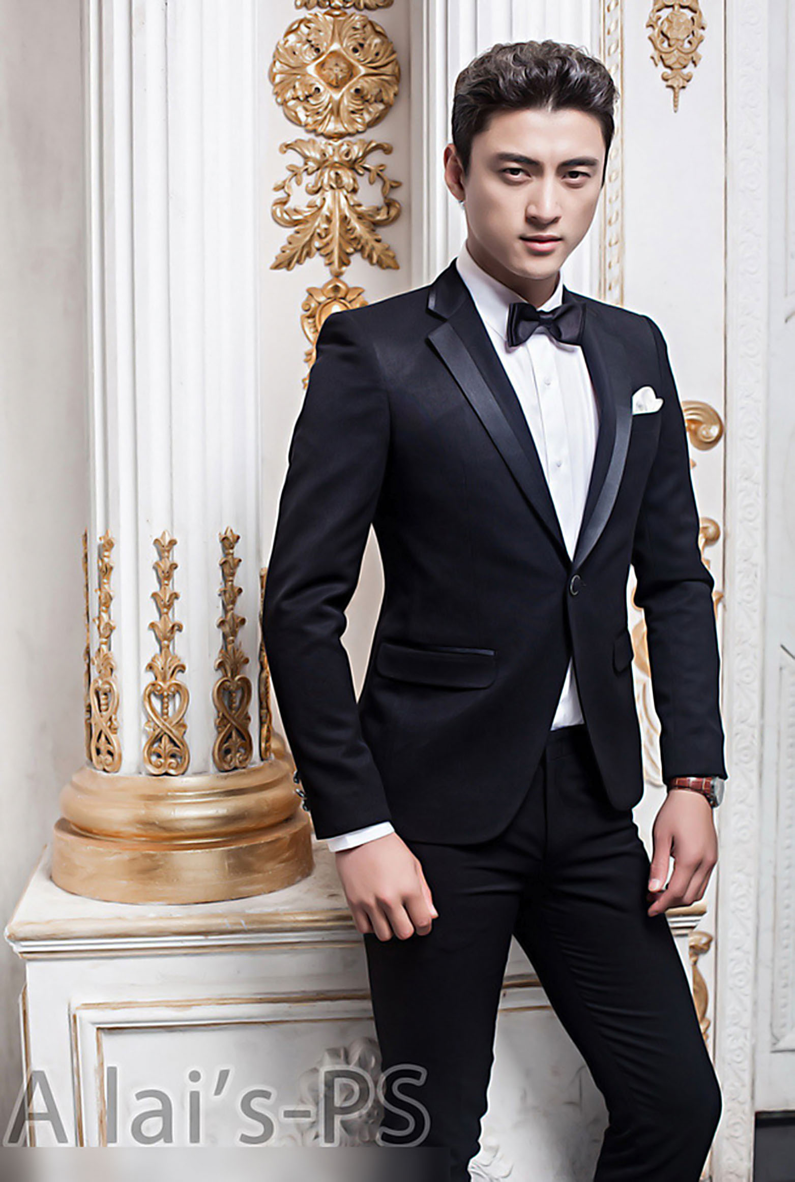 ชุดสูท,สูทชาย,สูทเจ้าบ่าว สีดำ ขอบปกเงานิดๆ กระดุม 1 เม็ด พร้อมส่ง M