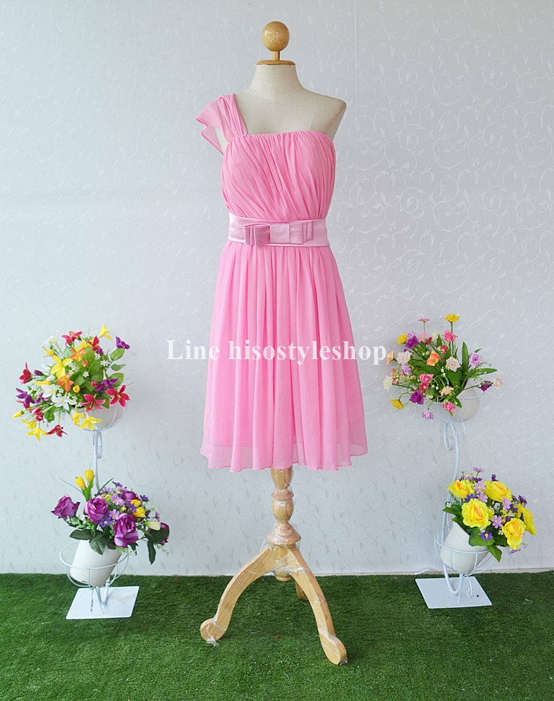 พร้อมส่ง Size 6XL ชุดราตรีสั้น **สามารถใส่ได้7แบบ** ผ้าชีฟอง แต่งโบว์เข็มกลัดหัวใจที่เอว ซิปหลัง