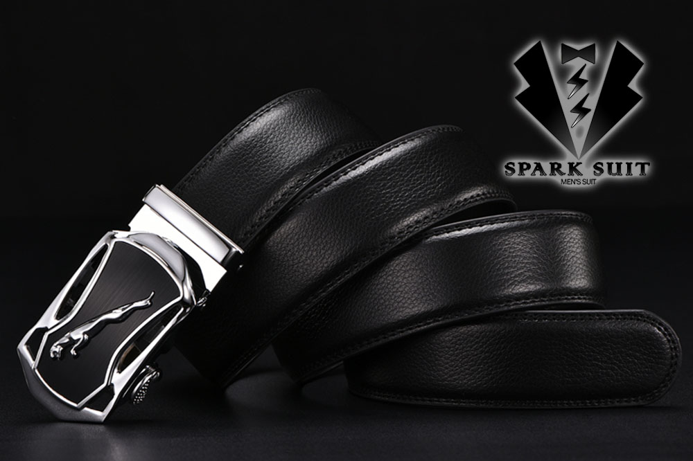 เข็มขัดหนังแท้สีดำ สีจากัวร์-สีเงิน