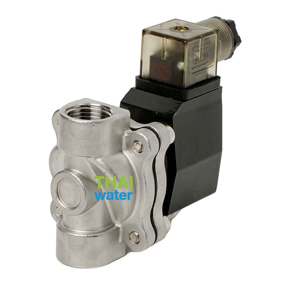 โซลินอยด์วาล์ว วาล์วไฟฟ้า วาวล์น้ำ วาล์วลม วาล์วสแตนเลส N/C 1/2" 220VAC Brand SILVERTEC แบบปกติปิด (N/C) เงิน