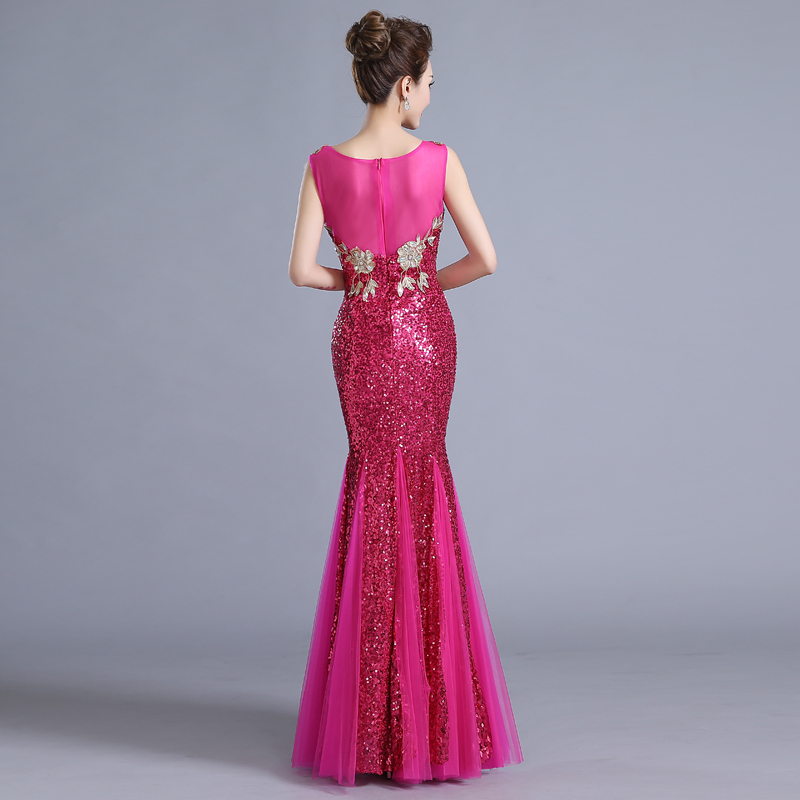 ชุดราตรียาว ทรงหางปลา ผ้าเลื่อม สีชมพูบานเย็น **พร้อมส่ง M** ซิปหลัง