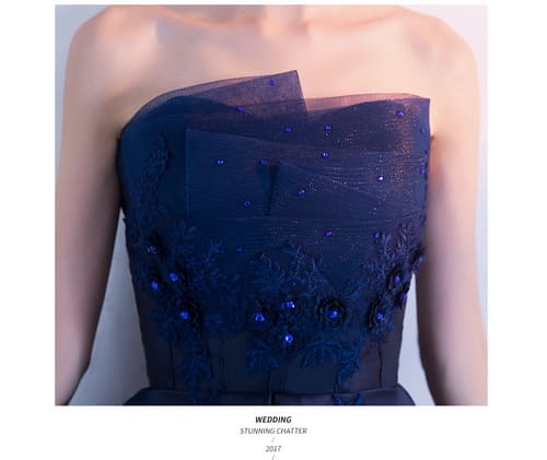 ชุดราตรี หน้าสั้นหลังยาว เกาะอก สีเนวี่บลู ผ้าไหมดัชเชส งานร้อยหลัง พร้อมส่ง XL