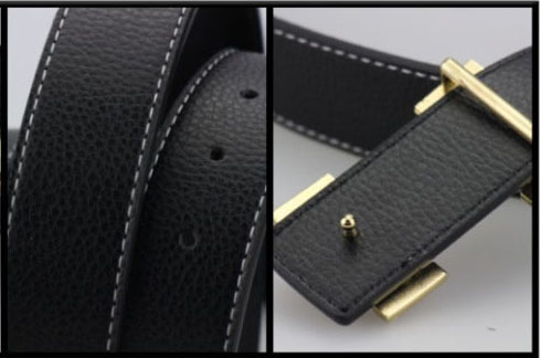 เข็มขัดหนังแท้สีดำสายดำ สีทอง H