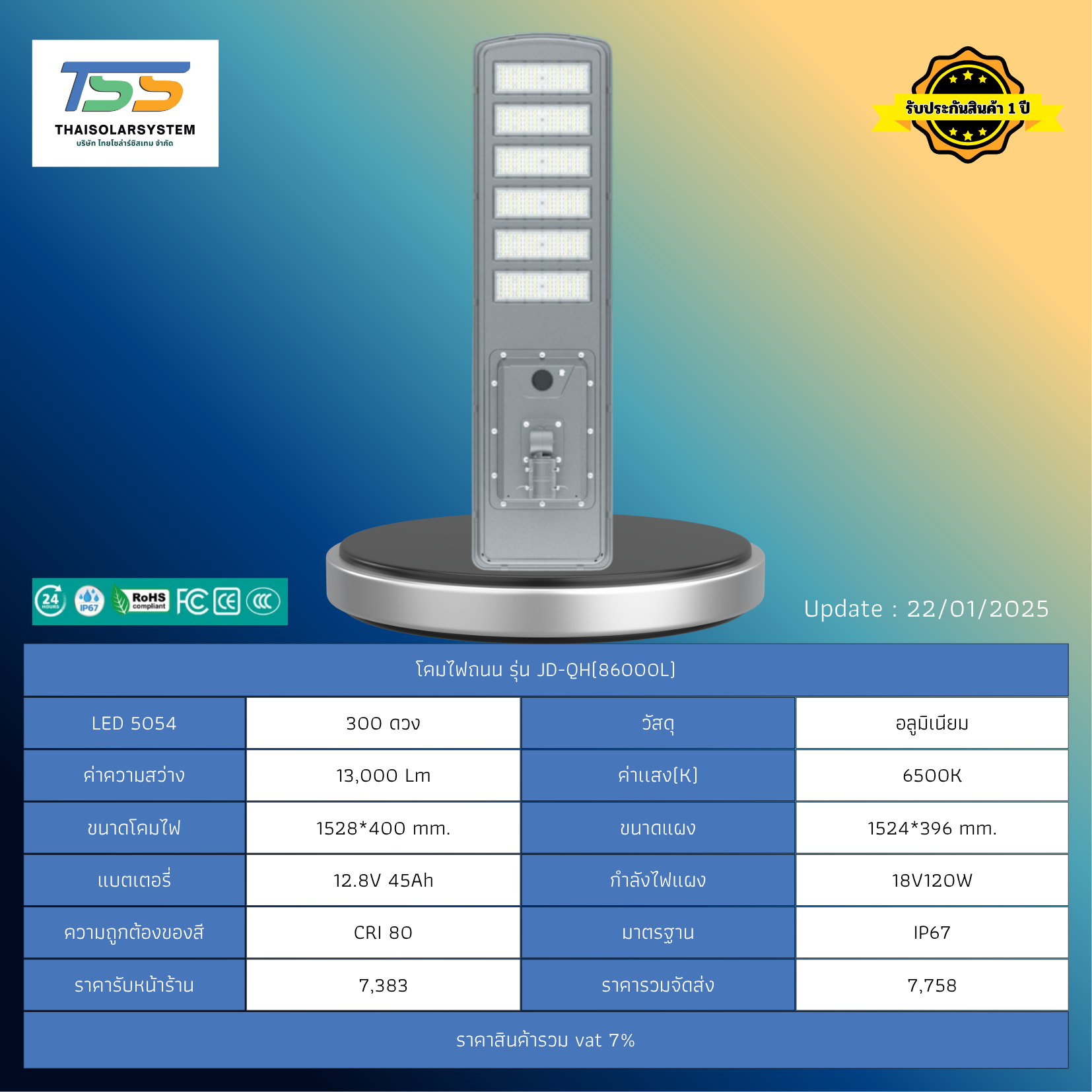 โคมไฟถนน โซล่าร์เซลล์ รุ่น JD-QH86000L