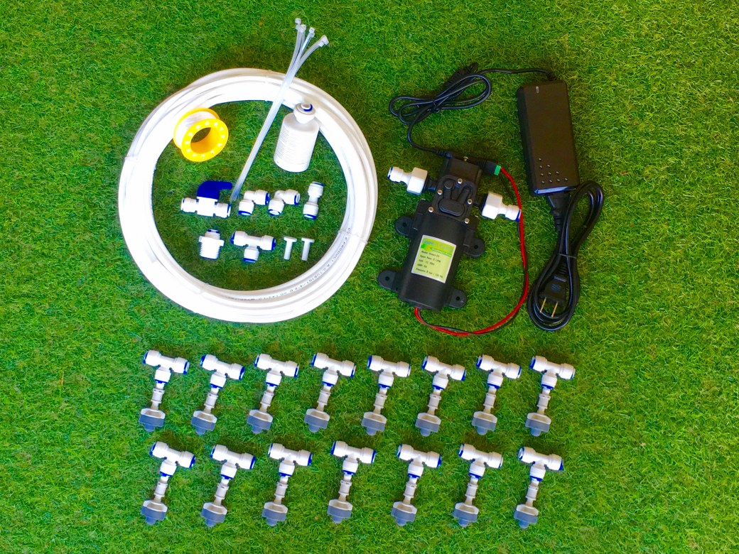 SAVE SET 3 ชุดพ่นหมอก 15 หัวพ่นหมอกเนต้าฟิล์ม 0.6 mm. + สายพ่นหมอก 15 เมตร ( ใช้ได้ทั้งแบตเตอรี่และไฟบ้าน 220 โวลต์ )