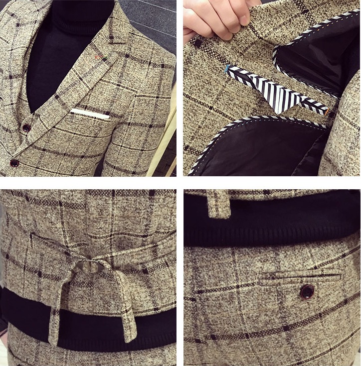 ชุดสูทลายสก๊อต สีน้ำตาล เซต3ชิ้น สูท+เสื้อกั๊ก+กางเกง