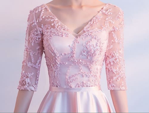 ชุดราตรีสั้น แขนสามส่วน สีชมพูโอรส งานร้อยหลัง พร้อมส่ง 3XL