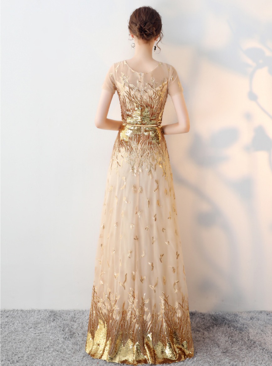 ชุดราตรียาว สีทอง แขนสั้น ซิปหลัง พร้อมส่ง 3XL *แถมเข็มขัด*