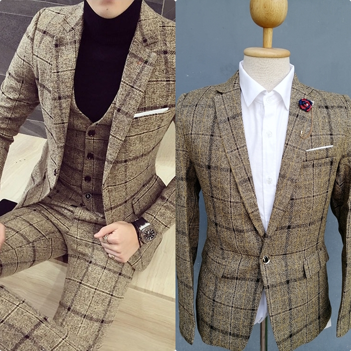 ชุดสูทลายสก๊อต สีน้ำตาล เซต3ชิ้น สูท+เสื้อกั๊ก+กางเกง