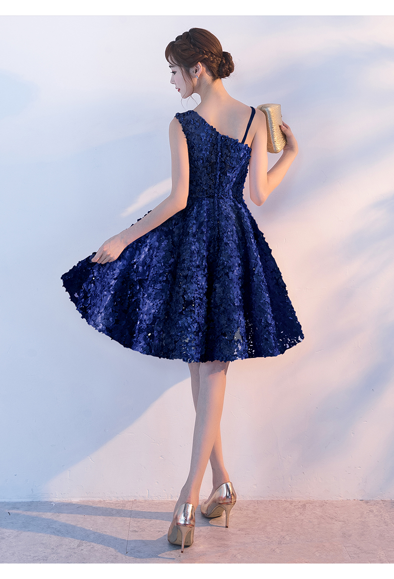 ชุดราตรีสั้น ไหล่เดี่ยว สีกรมท่า(Navy Blue) Size XL ผ้าดอกลอย ซิปหลัง