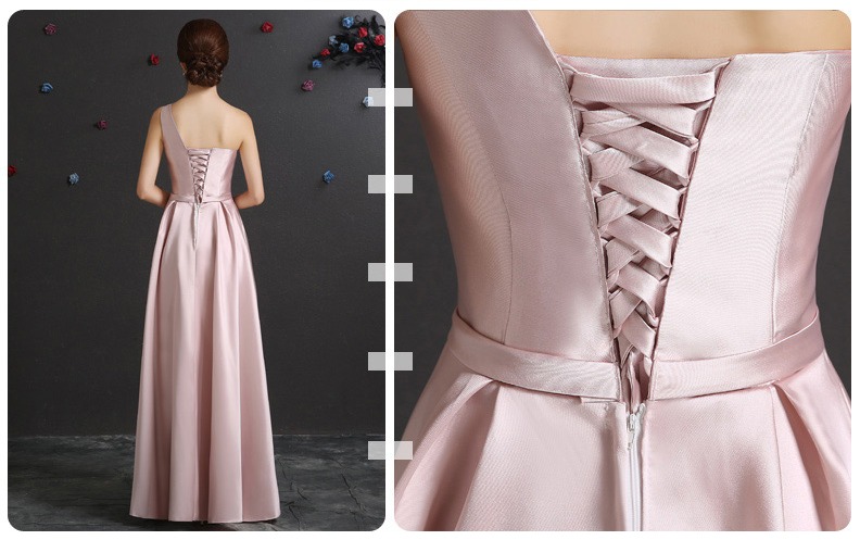 ชุดราตรียาว ไหล่เดี่ยว **สีชมพู(โรสโกล) Size M** ผ้าไหมดัชเชส แต่งโบว์ที่เอว งานร้อยหลัง