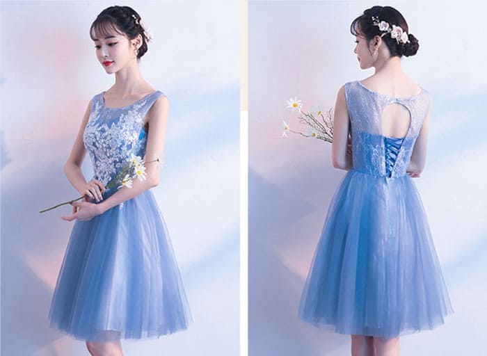 เดรสสั้น แขนกุด สีฟ้า ลุกไม้สีขาว กระโปรงผ้าตาข่ายนิ่ม งานร้อยหลัง พร้อมส่ง M,L,XL