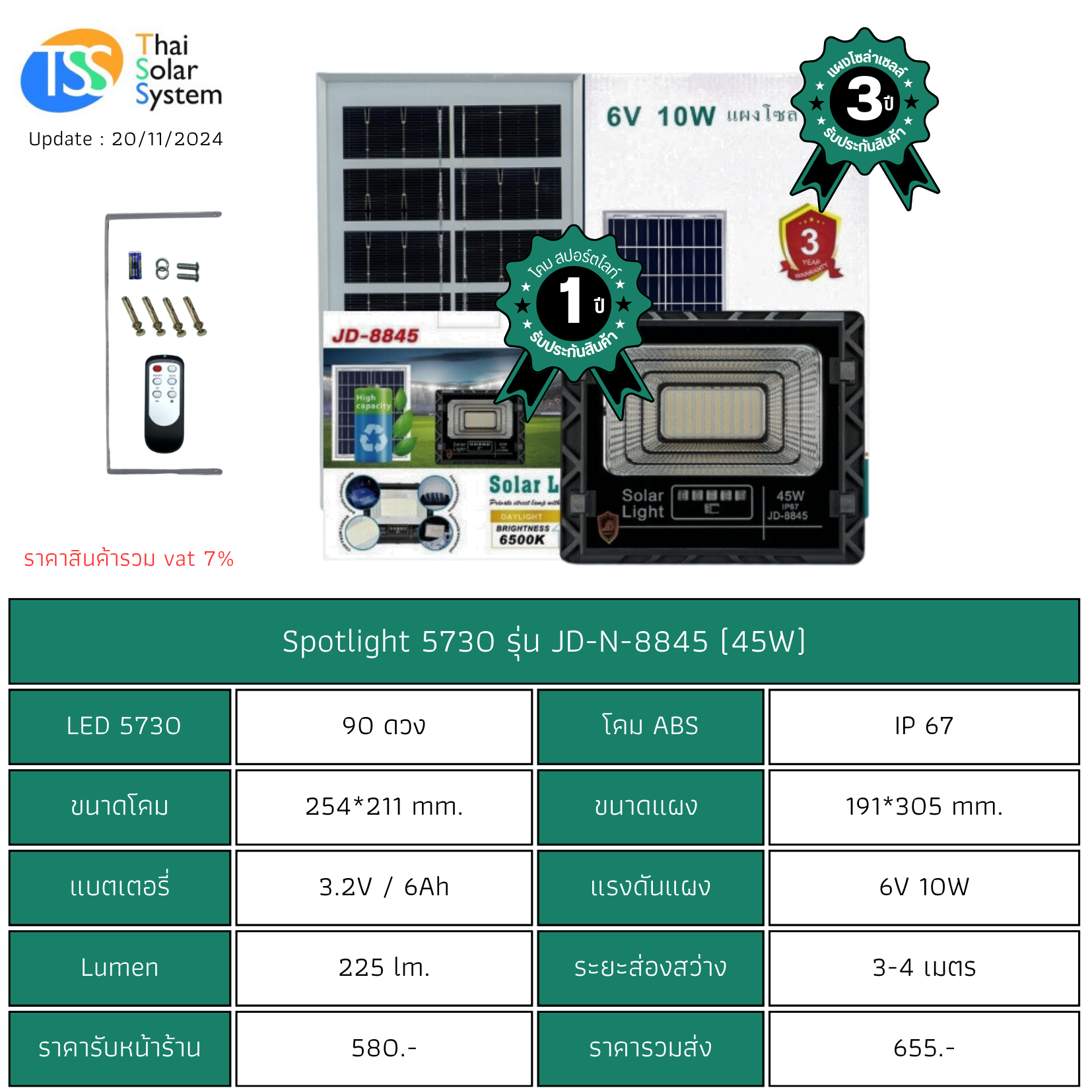 Spot Light โซล่าเซลล์ JD-N-8845 chip 5730 ขนาด 45w (ประกัน 1 ปี)