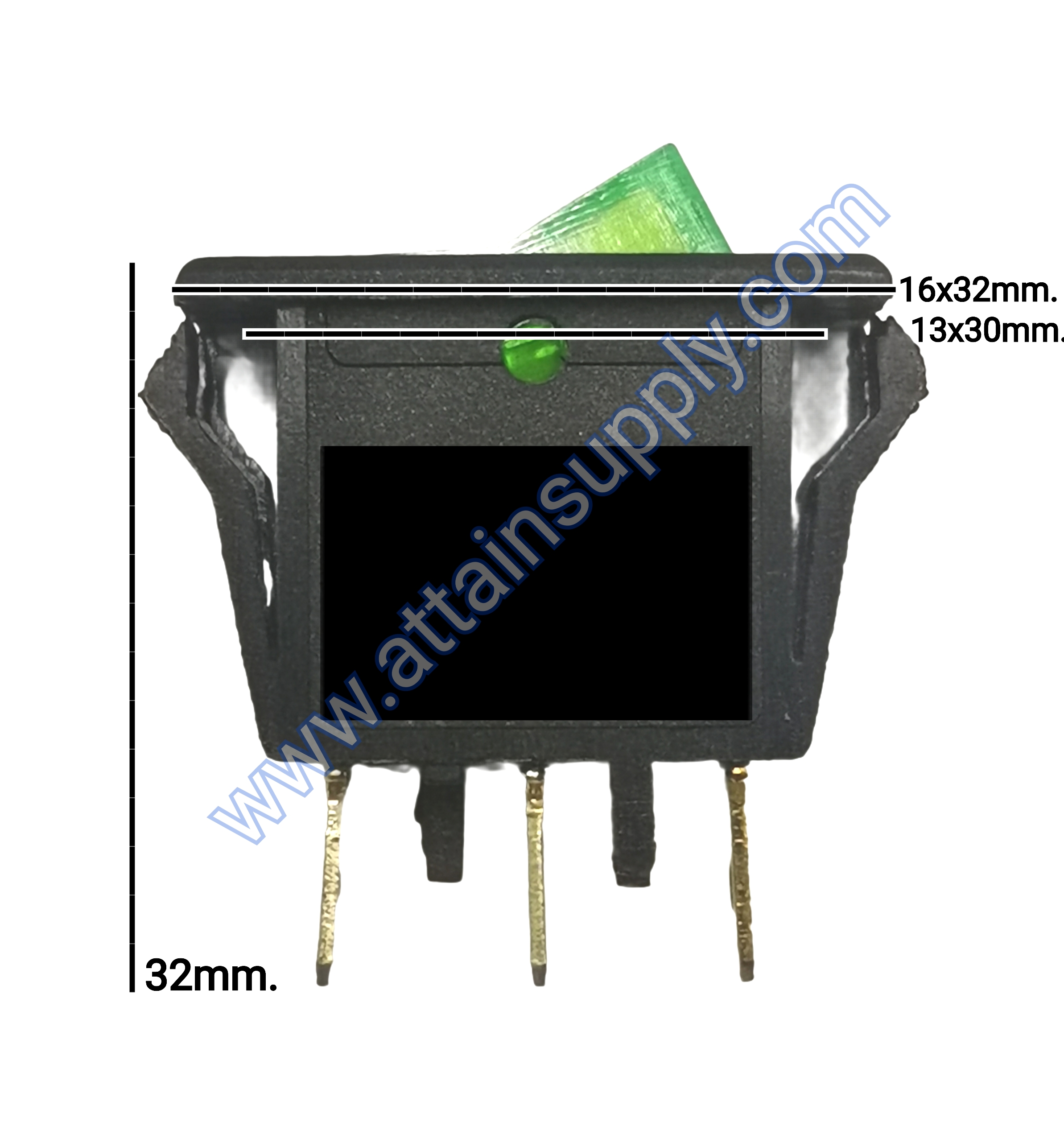 สวิทช์ IO เหลี่ยมบาง 12V./3ขา มีไฟ-สีเขียว