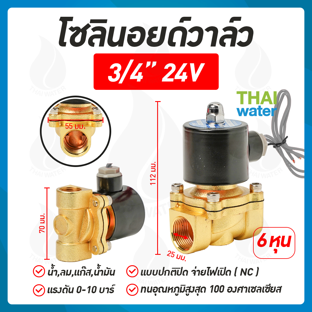 07-2W-06-1-24VDC-SY โซลินอยด์วาล์ว วาล์วไฟฟ้า วาวล์น้ำ วาล์วลม ทองเหลือง N/C 24V DC 3/4"