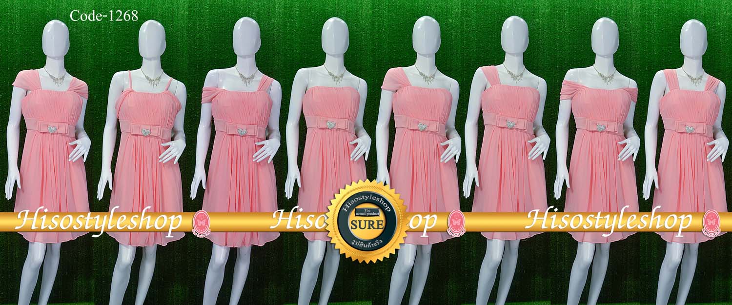 พร้อมส่ง Size L ชุดราตรีสั้น **สามารถใส่ได้7แบบ** ผ้าชีฟอง แต่งโบว์เข็มกลัดหัวใจที่เอว ซิปหลัง