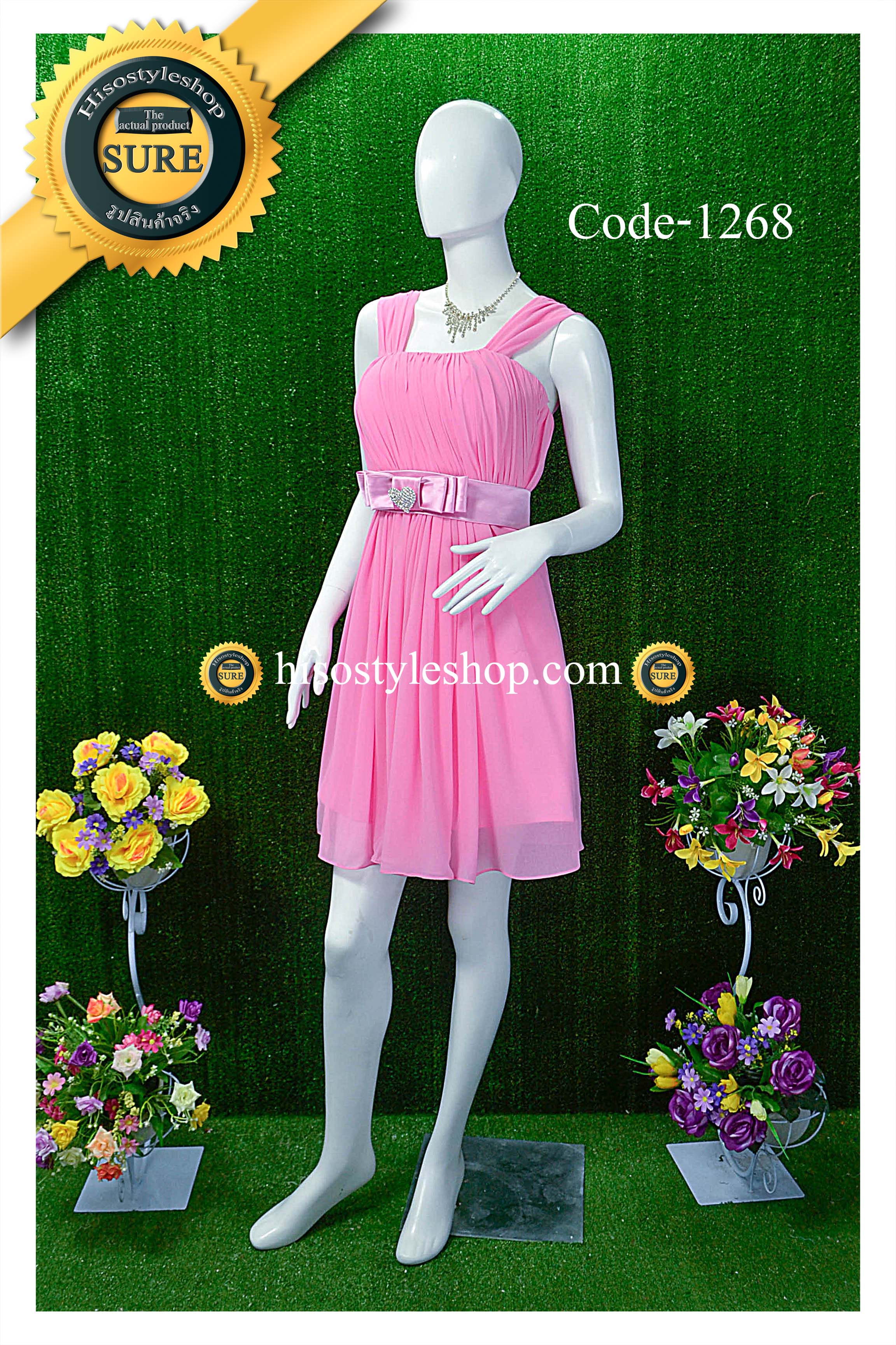 พร้อมส่ง Size L ชุดราตรีสั้น **สามารถใส่ได้7แบบ** ผ้าชีฟอง แต่งโบว์เข็มกลัดหัวใจที่เอว ซิปหลัง