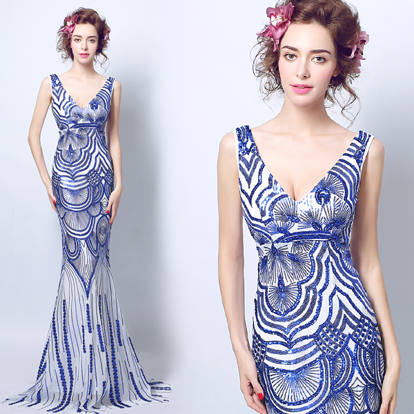 ชุดราตรียาว แขนกุด คอวี สีน้ำเงิน-ขาว *Size M* ผ้าปักเลื่อม เข้ารูป ทรงหางปลา
