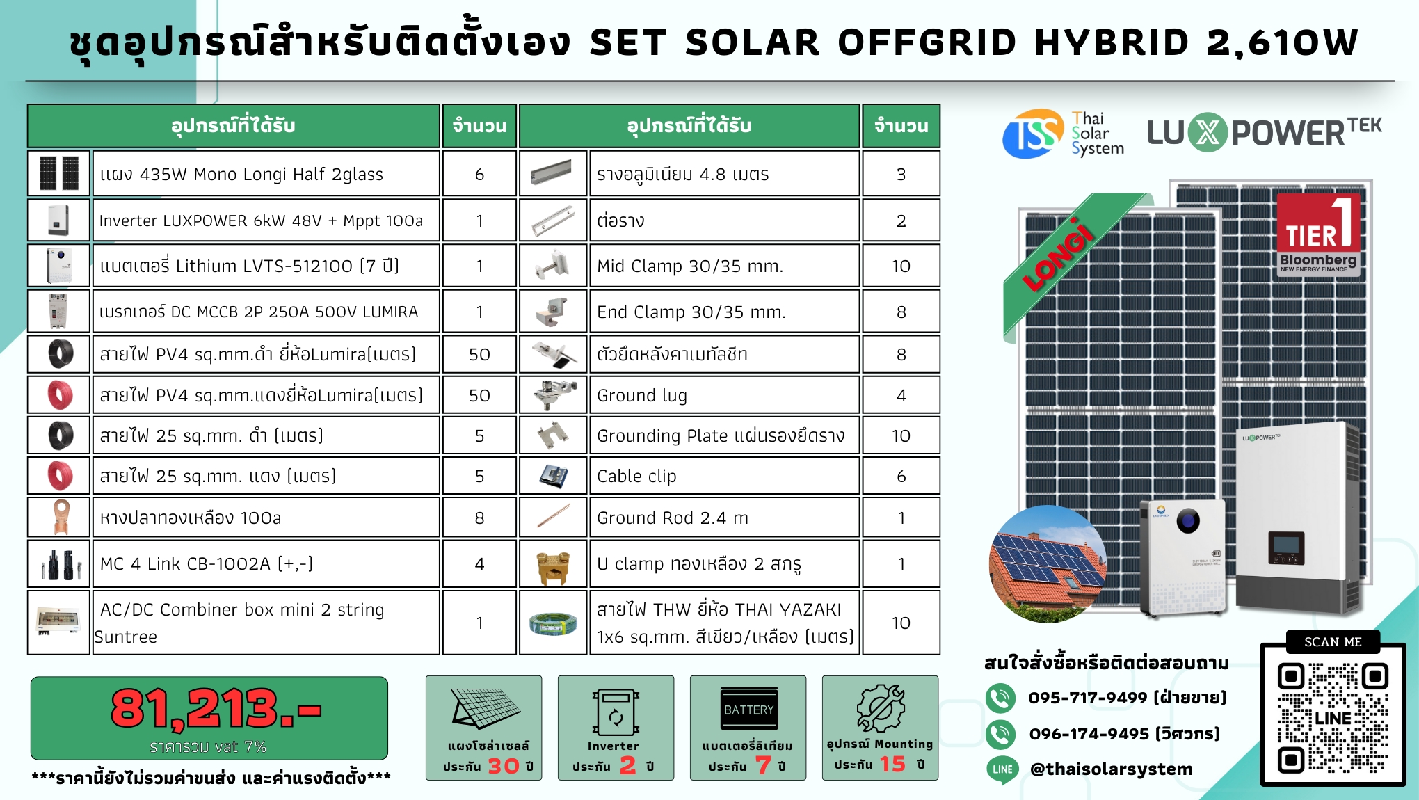 SET Hybrid Off LUXPOWER 6k แผง 2,610w แบตลิเทียม 100a 51.2v (สำหรับไปติดตั้งเอง)