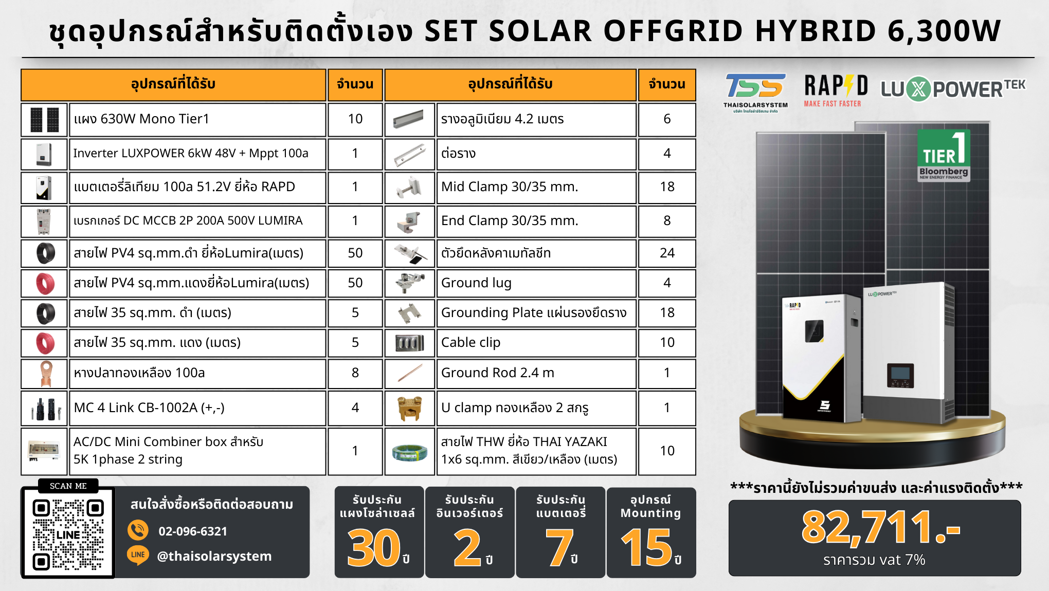 SET Hybrid Off LUXPOWER 6k แผง 6,300w + แบตลิเทียม 100a 51.2v (สำหรับไปติดตั้งเอง)