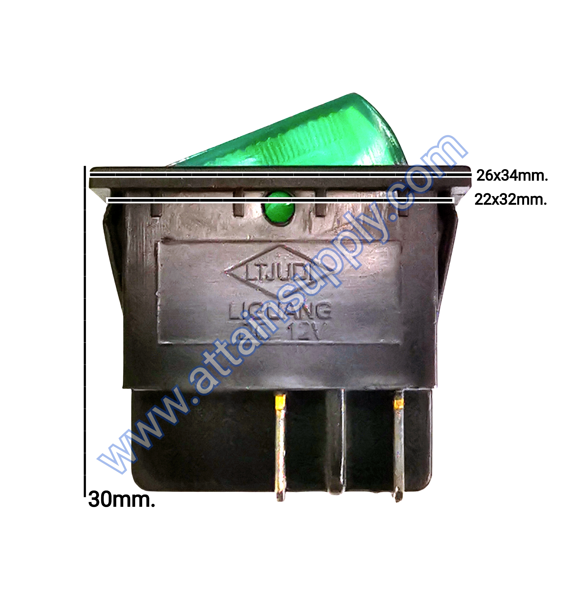 สวิทช์ ON-OFF เหลี่ยมใหญ่ 12V./4ขา มีไฟ-สีเขียว (แบบหนา)