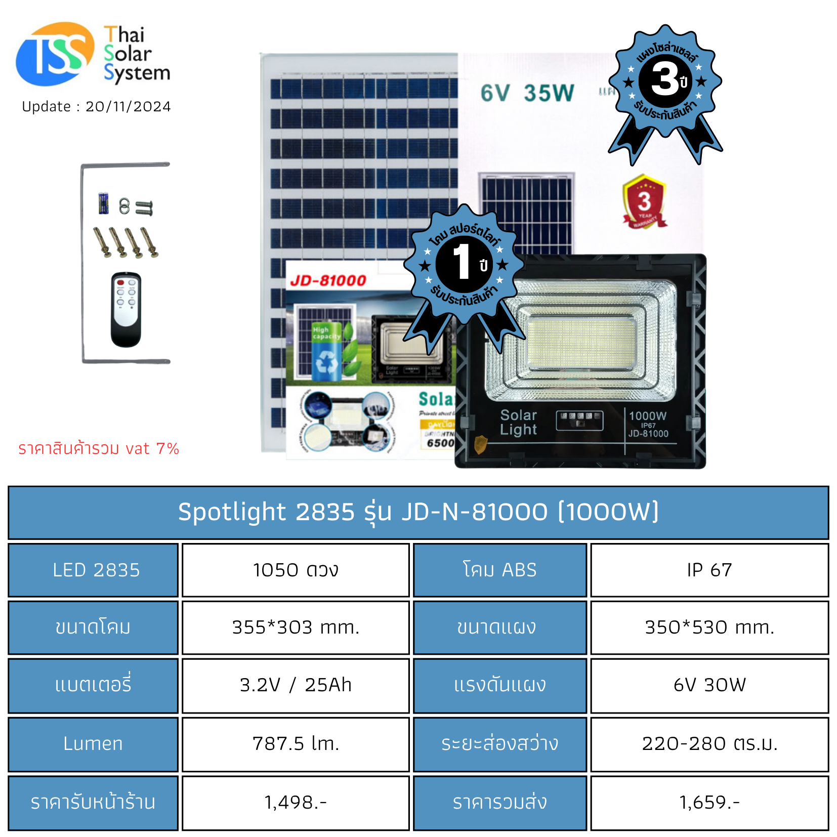 Spot Light โซล่าเซลล์ JD-N-81000 chip 2835 ขนาด 1000w (ประกัน 1 ปี)