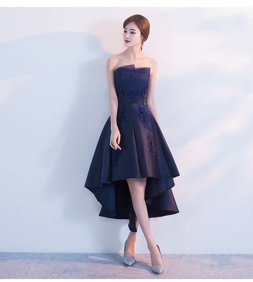 ชุดราตรี หน้าสั้นหลังยาว เกาะอก สีเนวี่บลู ผ้าไหมดัชเชส งานร้อยหลัง พร้อมส่ง XL