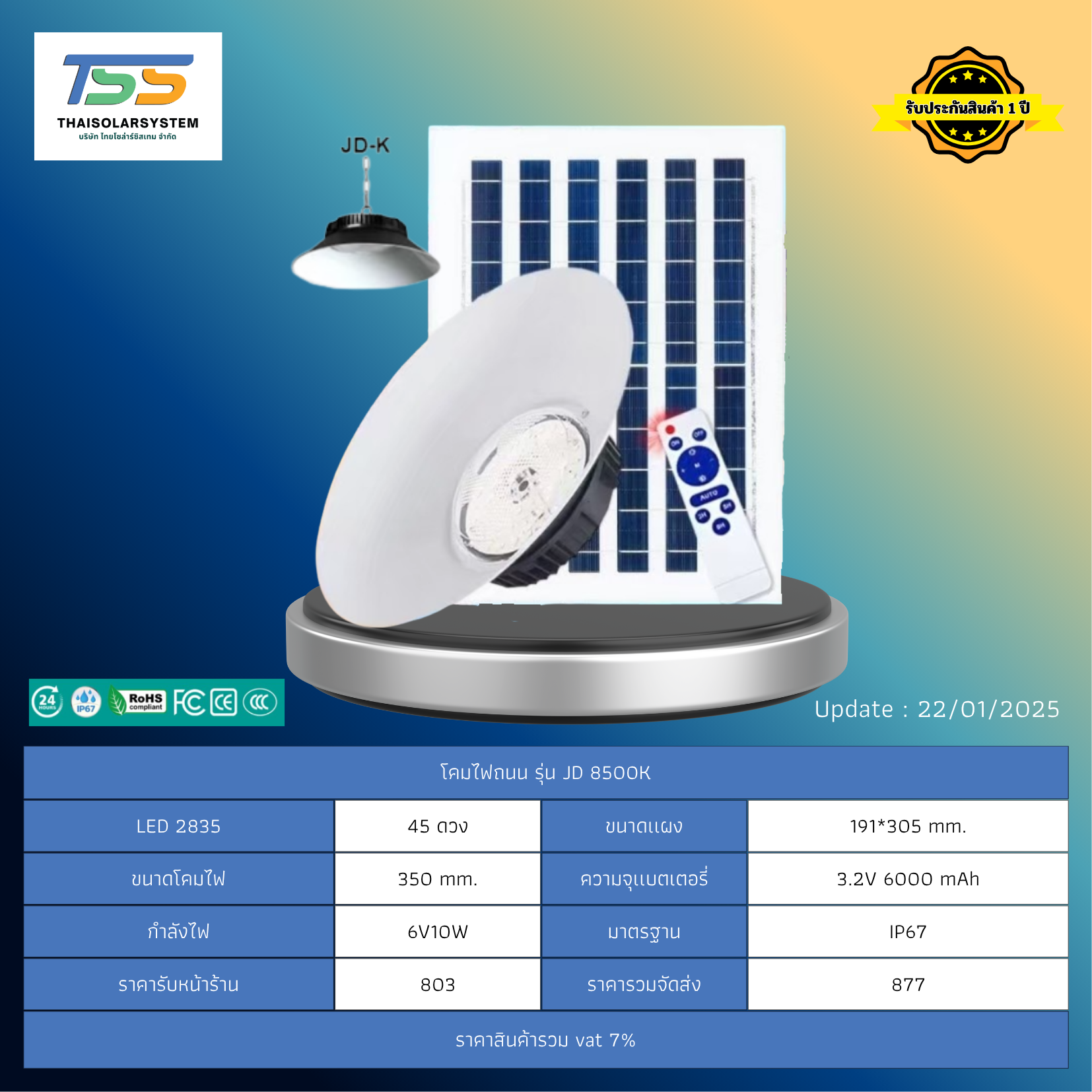 สปอร์ตไลท์ โซล่าร์เซลล์ รุ่น JD-8500K