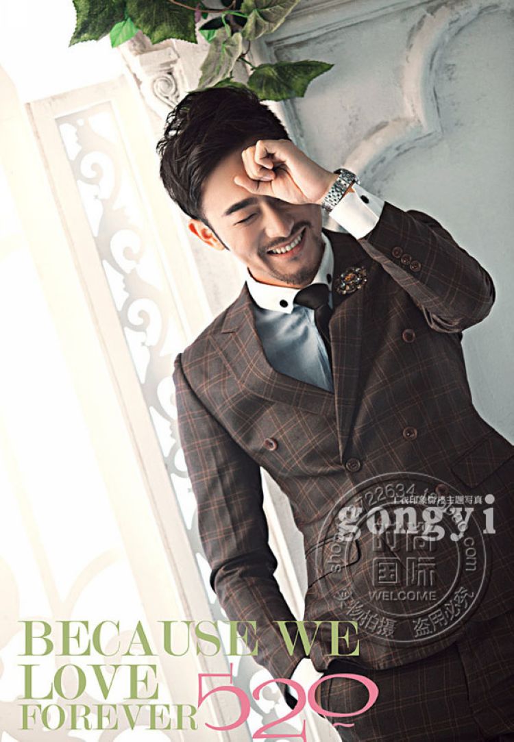 สูท,ชุดสูทเจ้าบ่าว,สูทผู้ชาย กระดุม 6 เม็ด ลายสก๊อตสีน้ำตาลเข้ม พร้อมส่ง 2XL