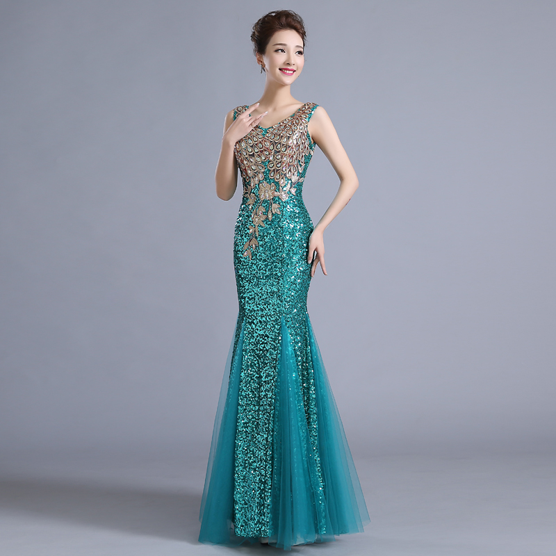 ชุดราตรียาว ทรงหางปลา ผ้าเลื่อม สีเขียว **พร้อมส่ง L** ซิปหลัง