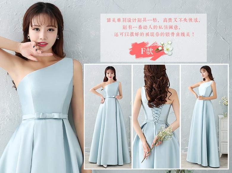 ชุดราตรียาว ไหล่เดี่ยว **สีฟ้า Size L** ผ้าไหมดัชเชส แต่งโบว์ที่เอว งานร้อยหลัง