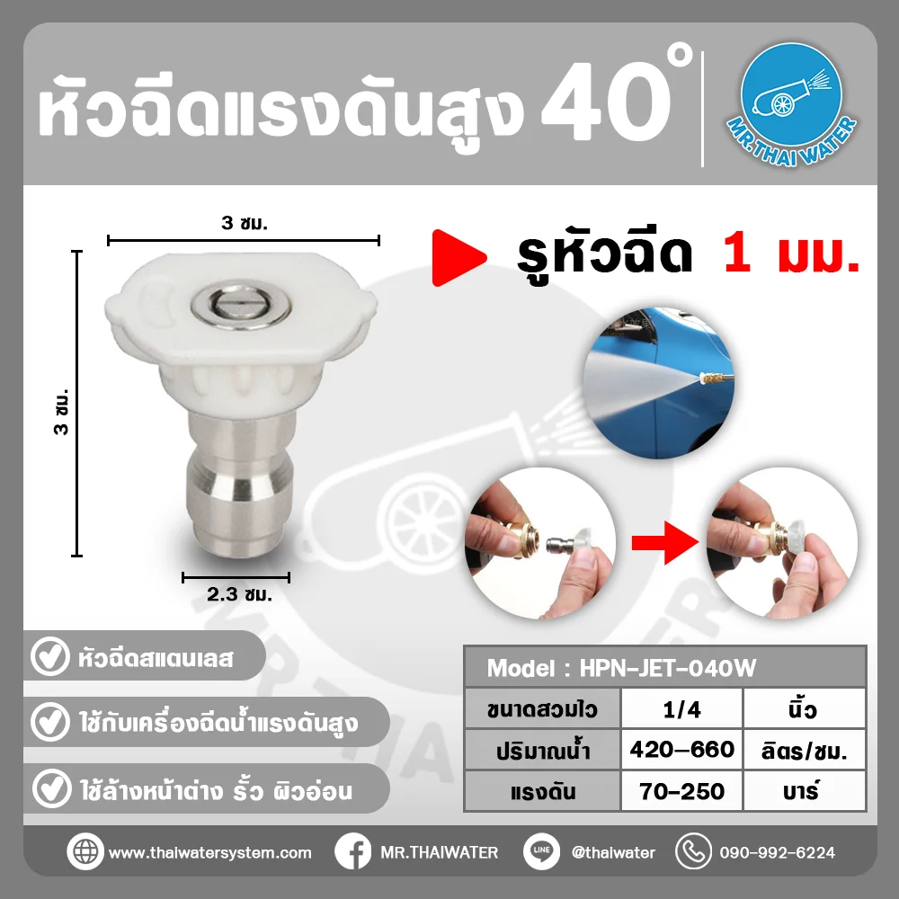 HPN-JET-025G หัวฉีดแรงดันสูง 40 องศา สแตนเลส รู 1 มม. ใช้กับเครื่องฉีดน้ำแรงดันสูง