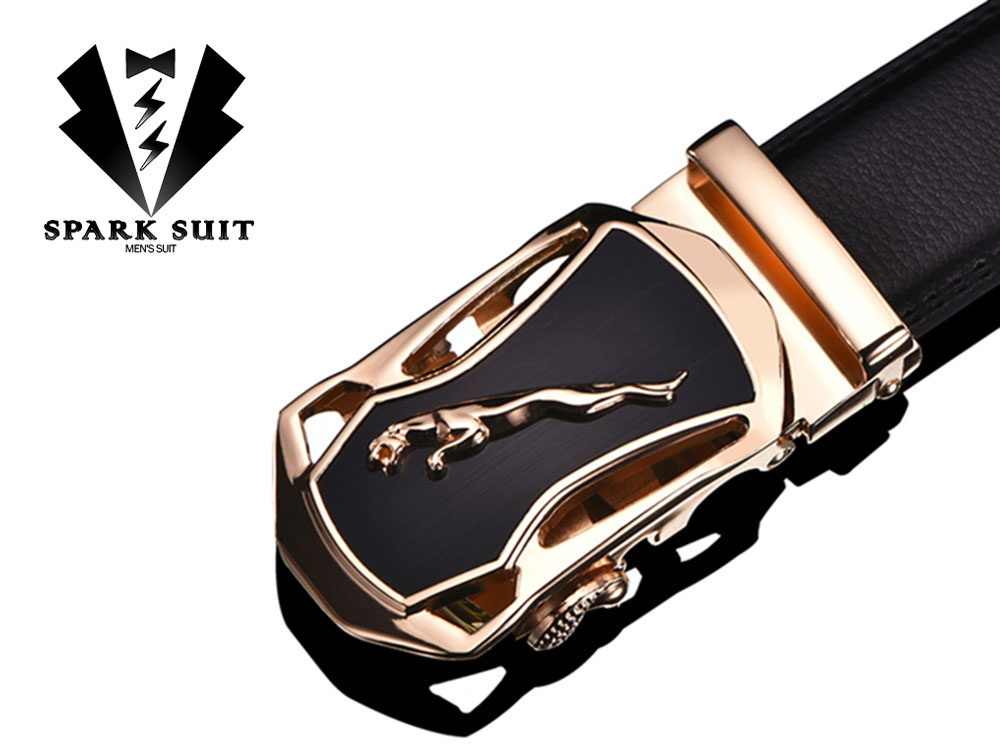 เข็มขัดหนังแท้สีดำ สีจากัวร์-สีทอง