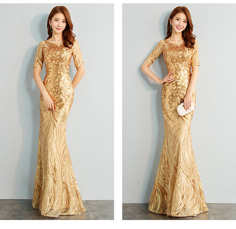 ชุดราตรียาว สีทอง ผ้าปักเลื่อม แขนสั้น ทรงหางปลา ซิปหลัง พร้อมส่ง L
