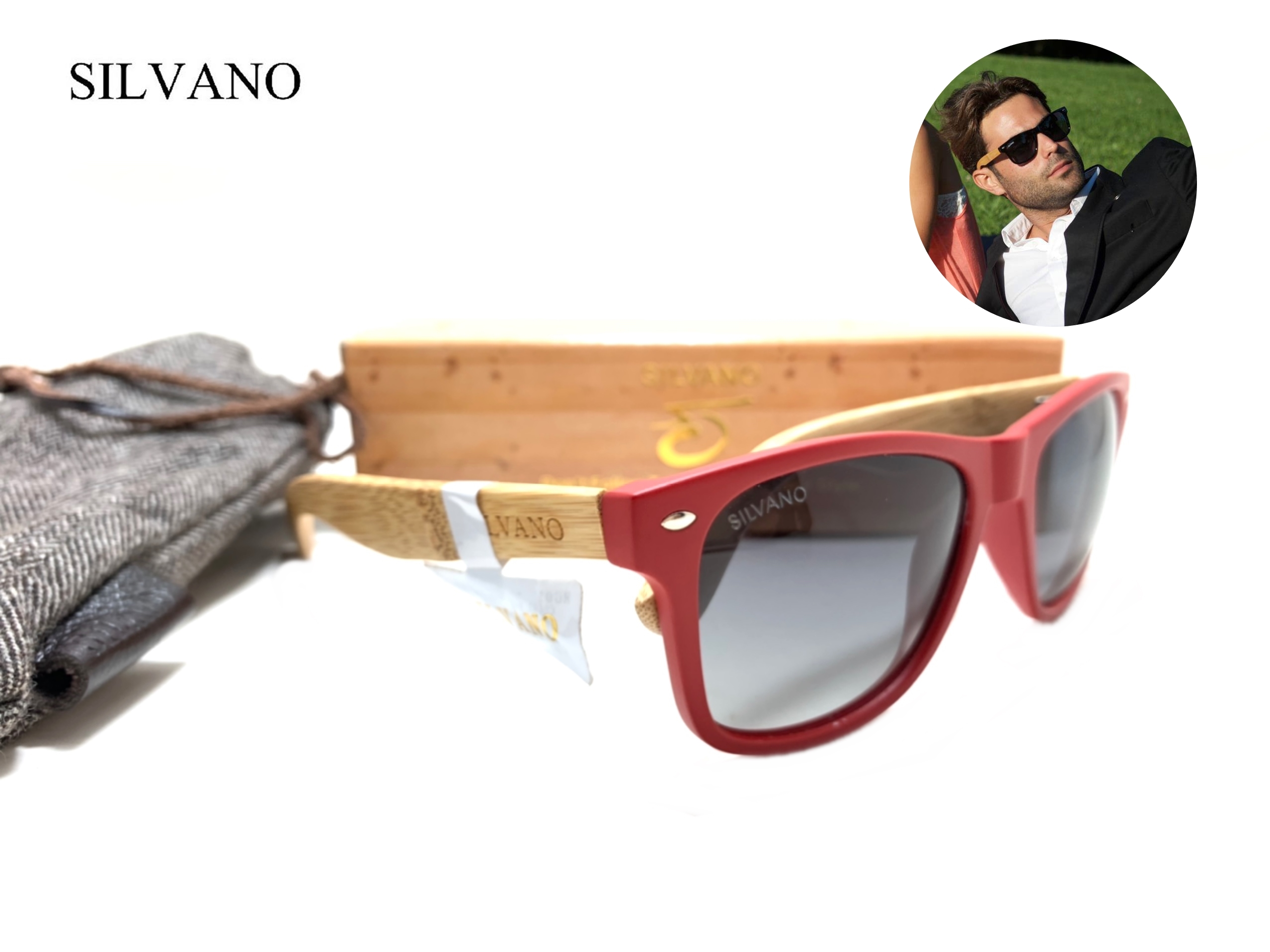 แว่นกันแดด Silvano Bamboo Wood Sunglasses Red/Gray Fade Lens