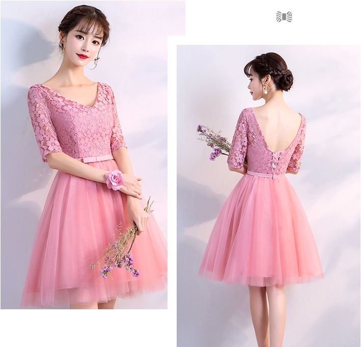 ชุดราตรีสั้น แขนสามส่วน ผ้าลูกไม้ สีชมพูกลีบบัว พร้อมส่ง 2XL งานร้อยหลัง