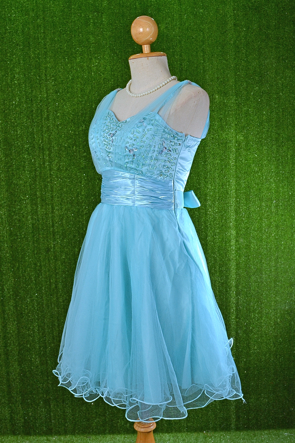 พร้อมส่ง S-2XL ชุดราตรีสั้น "สีฟ้า" ปักคริสตัลช่วงบน กระโปรงผ้าตาข่าย ซับในทั้งชุด