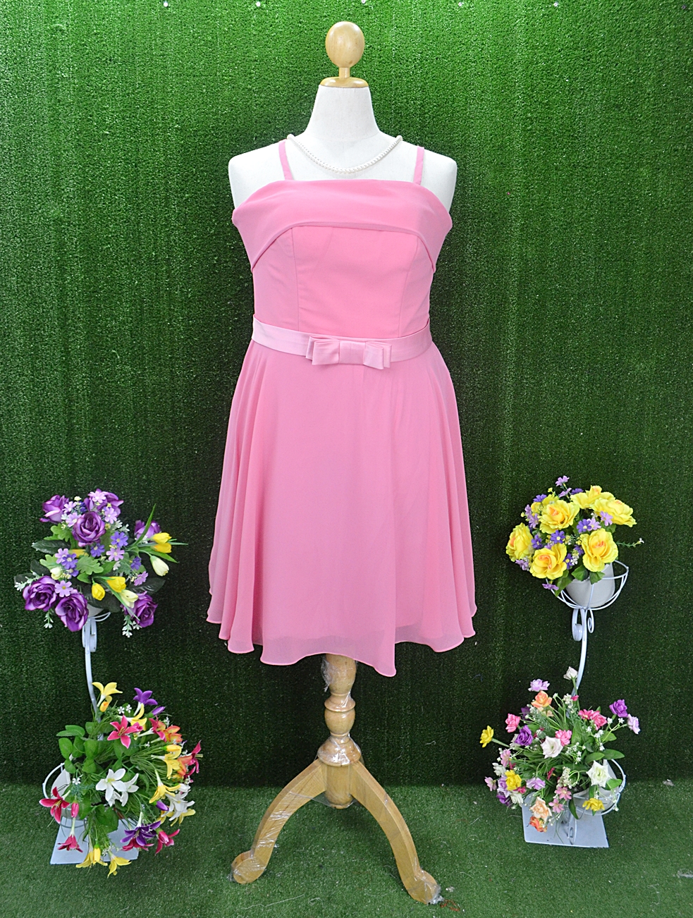 พร้อมส่ง 4XL ชุดราตรีสาวอวบ แต่งโบว์ที่เอว ผ้าชีฟอง ซับในทั้งชุด ซิปหลัง