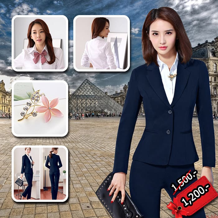 ชุดสูทผู้หญิง สีกรม ผ้าฮานาโกะ สูท+กางเกง Size L **มีของแถม**