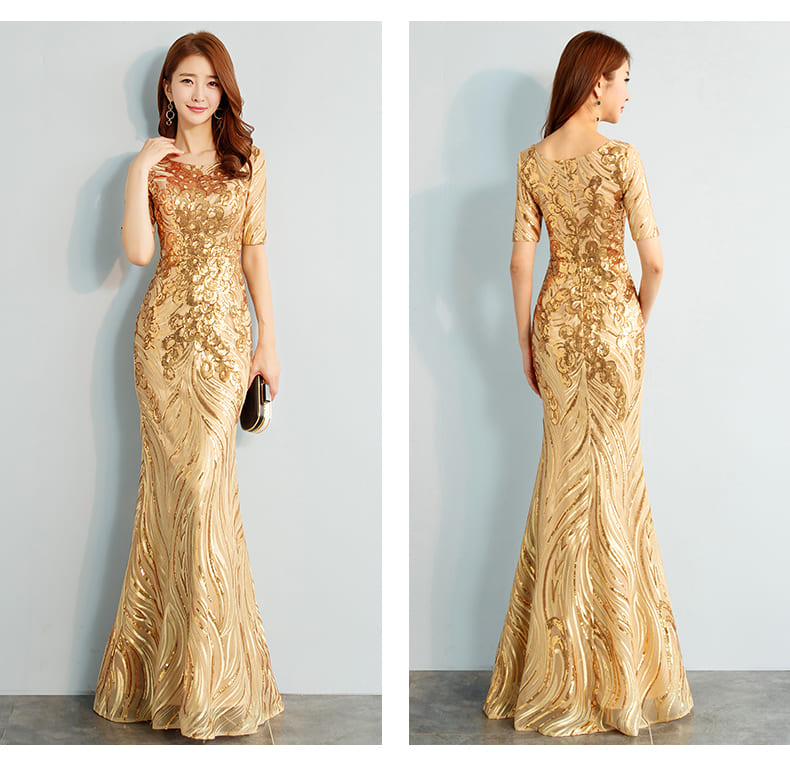 ชุดราตรียาว สีทอง ผ้าปักเลื่อม แขนสั้น ทรงหางปลา ซิปหลัง พร้อมส่ง L