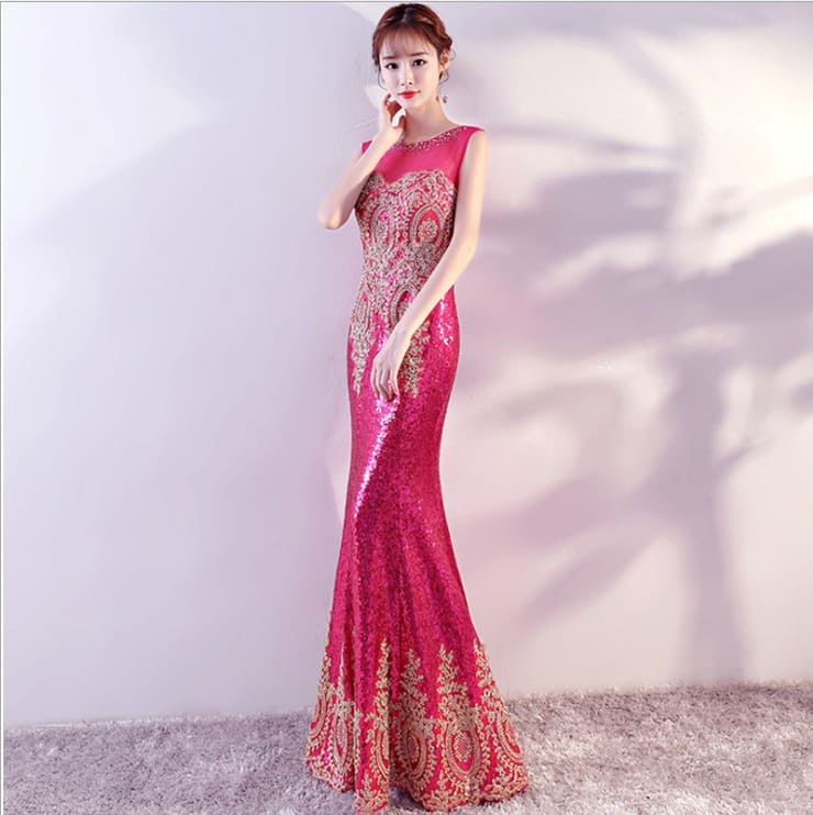 ชุดราตรียาว แขนกุด ผ้าเลื่อม สีชมพูบานเย็น ซิปหลัง Size L