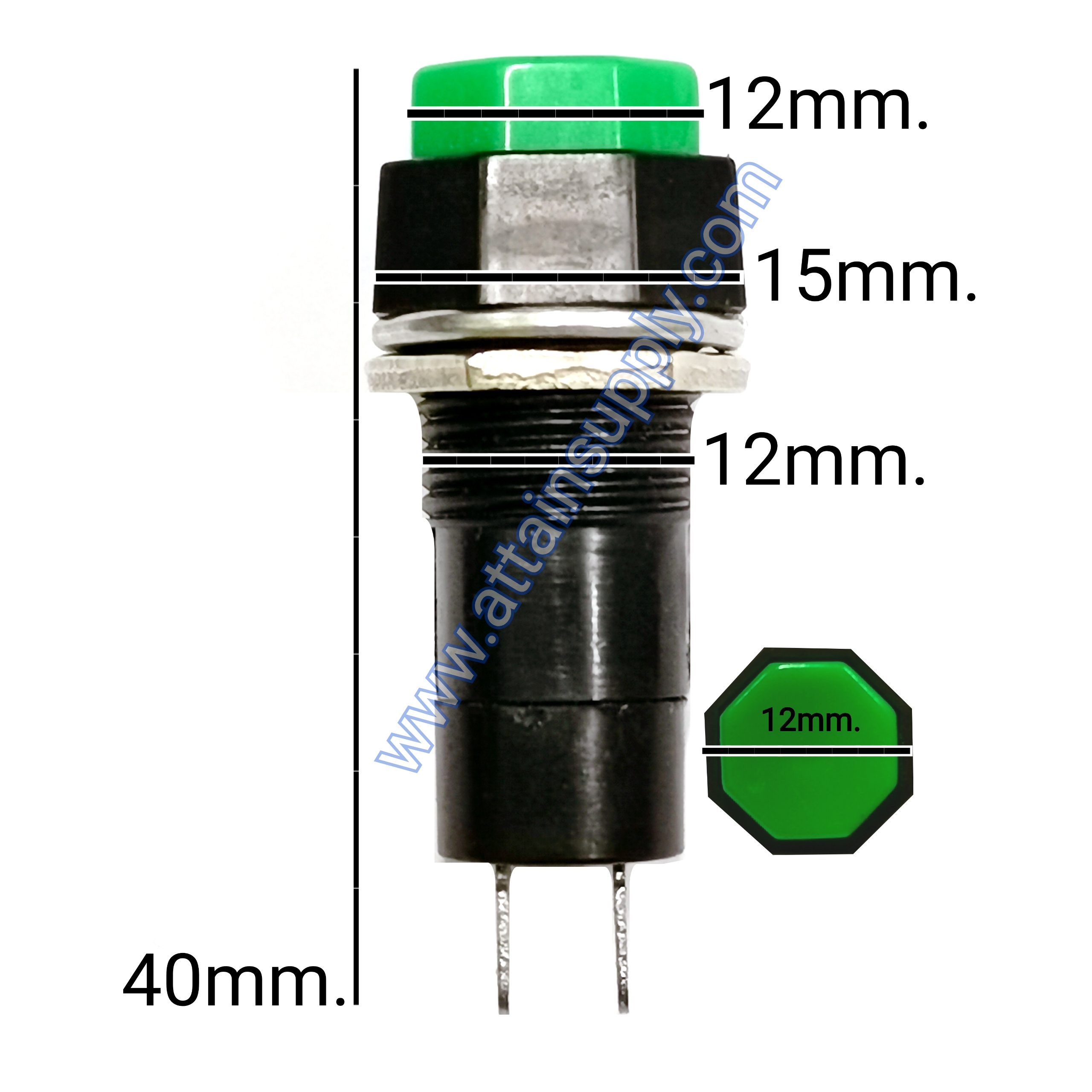 สวิทช์ กดติด-กดดับ/หัวแปดเหลี่ยม ฐานกลมแกนยาว-สีเขียว