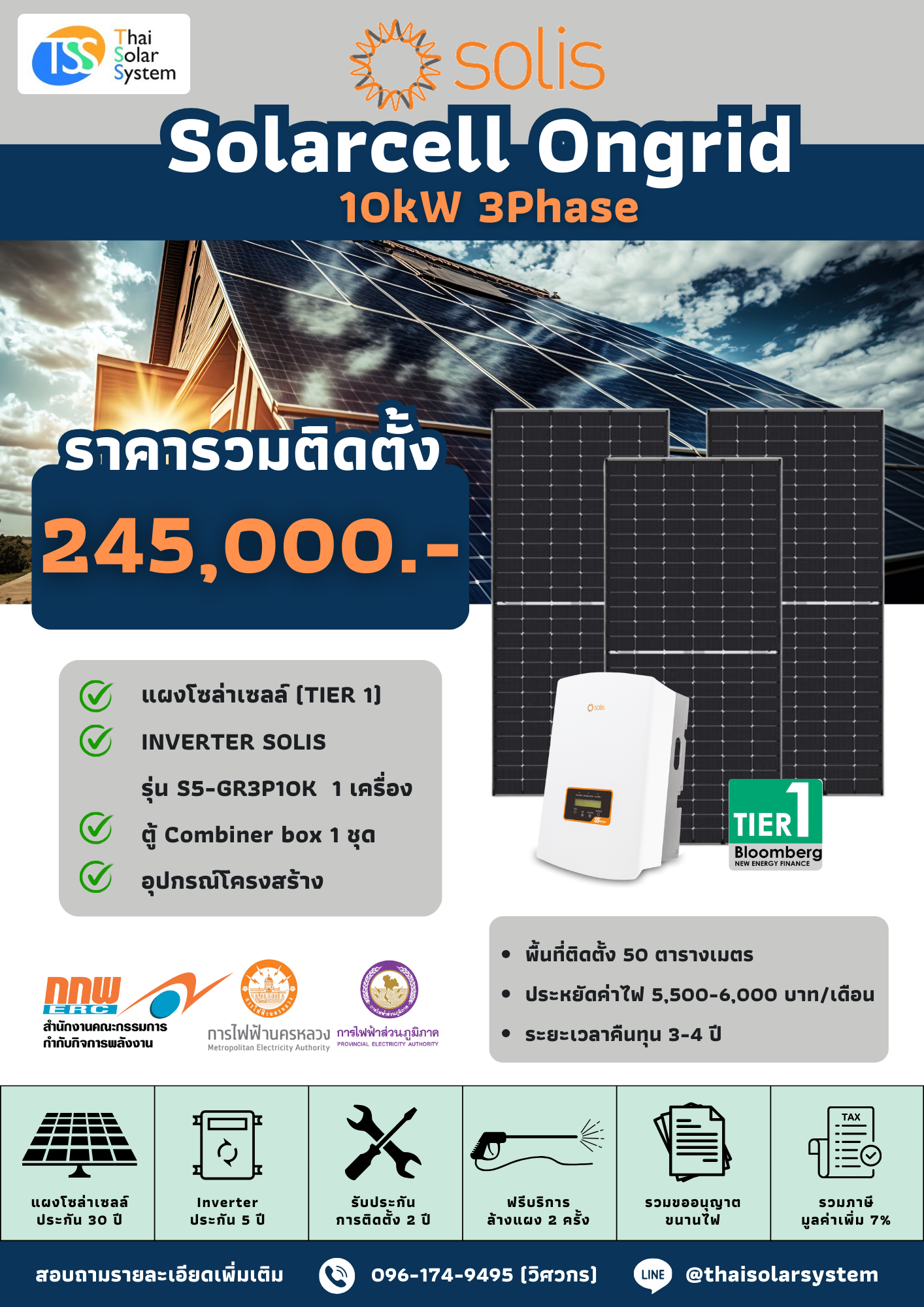 ชุด Ongrid Solis 10K 3 phase พร้อมติดตั้ง(รับประกันอินเวอร์เตอร์ 5 ปี)