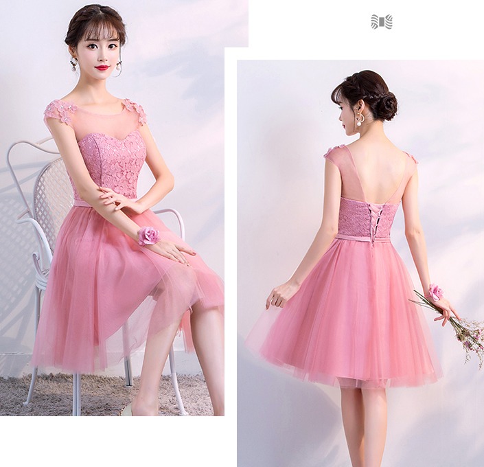 ชุดราตรีสั้น ผ้าลูกไม้ สีชมพูกลีบบัว พร้อมส่ง L งานร้อยหลัง