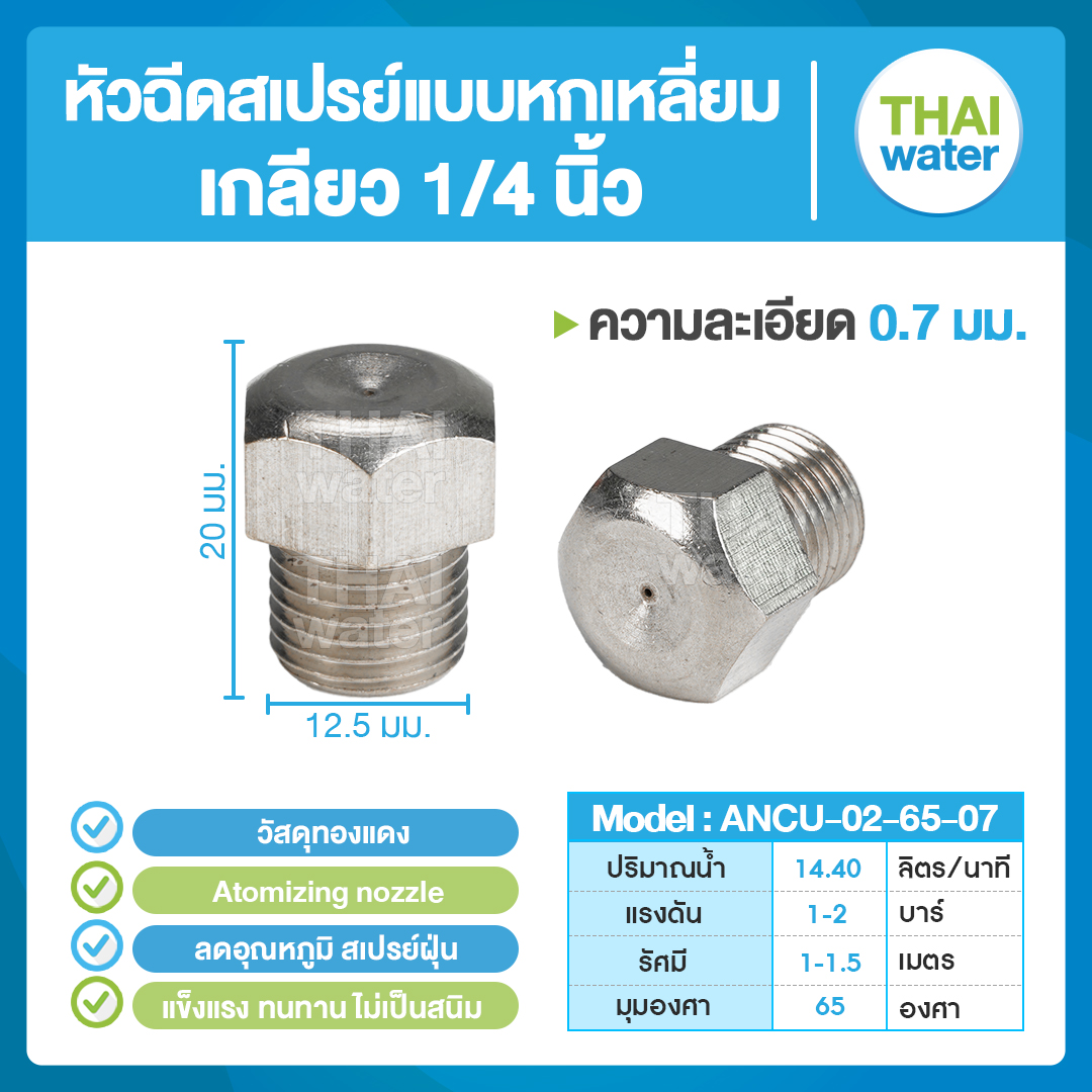 04-ANCU-02-6507 หัวฉีดสเปรย์แบบหกเหลี่ยม ทองแดง เกลียว 1/4'' 0.7 มม. 65องศา Atomizing nozzle