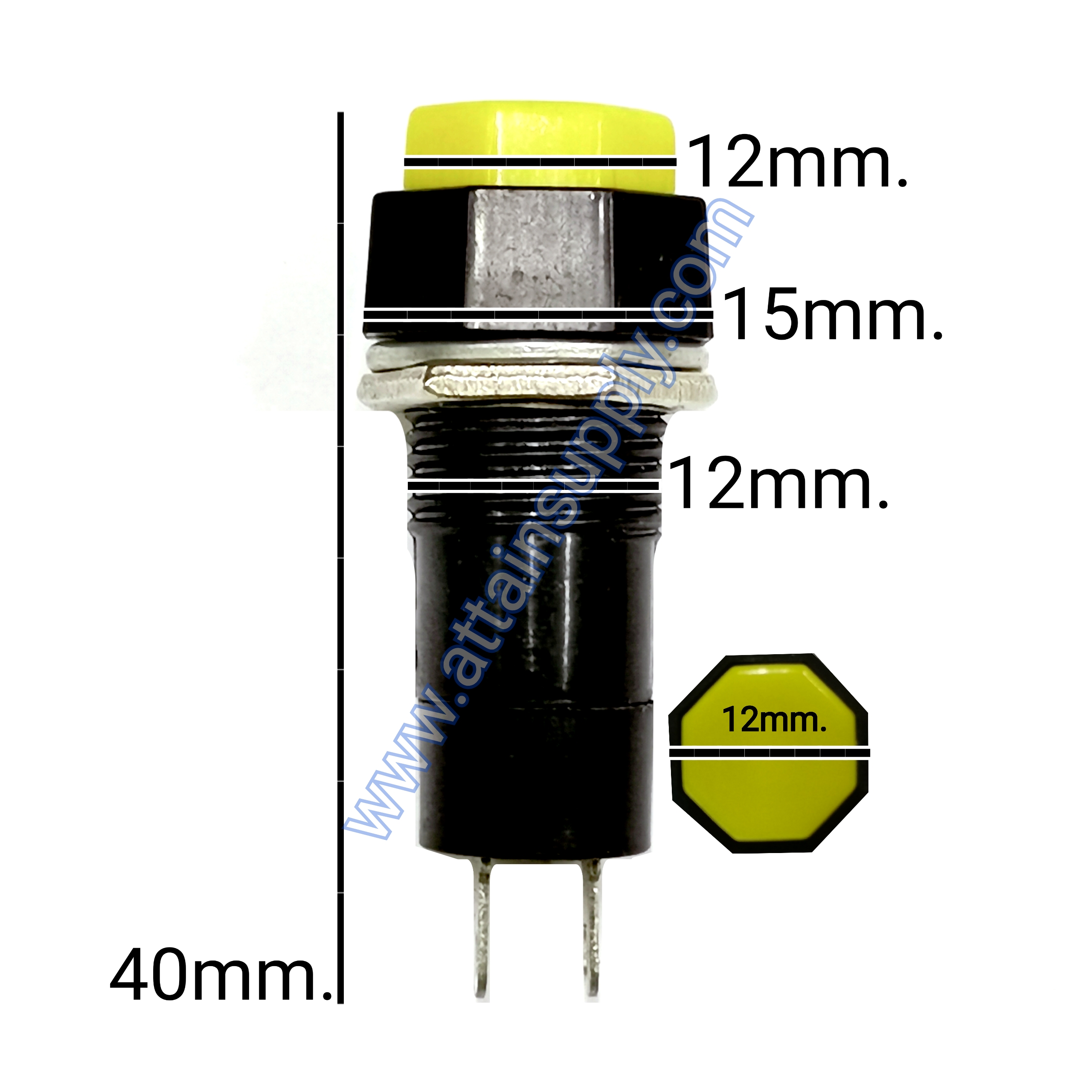 สวิทช์ กดติด-กดดับ/หัวแปดเหลี่ยม ฐานกลมแกนยาว-สีเหลือง