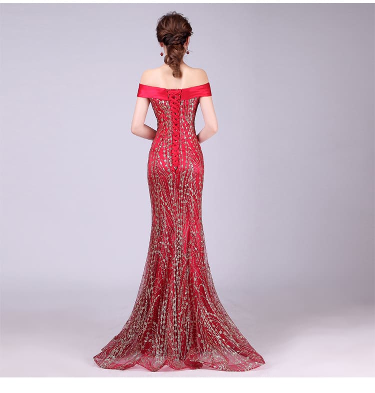 ชุดราตรียาว ไหล่ปาด สีแดง Size S-M ผ้ากลิตเตอร์ ทรงหางปลา งานร้อยหลัง