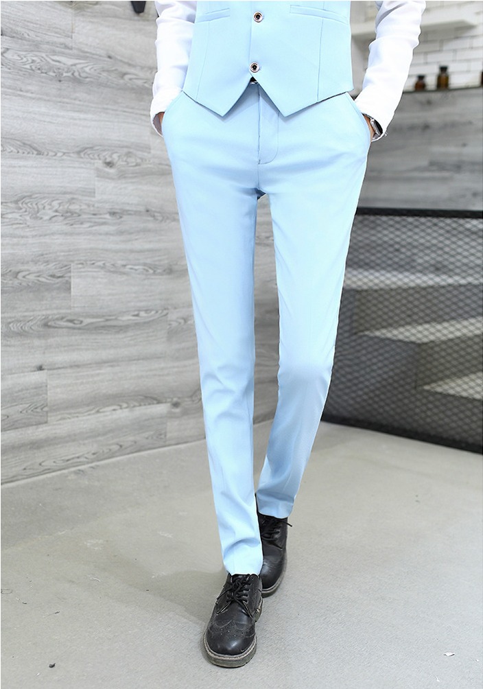 สูท,ชุดสูทเจ้าบ่าว,สูทผู้ชาย เกรดพรีเมี่ยม สีฟ้า+เสื้อกั๊ก พร้อมส่ง 2XL